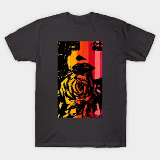 woman with rose in  retro warm color bars T-Shirt